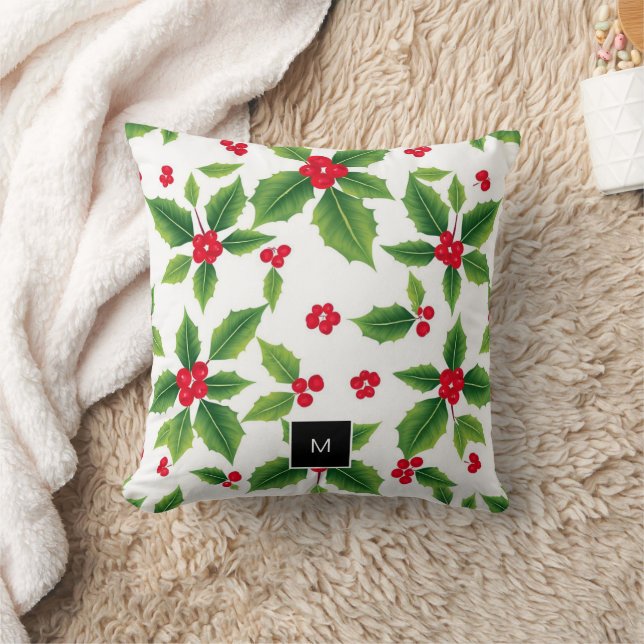 Watercolor christmas holly berries monogrammed cushion (Blanket)