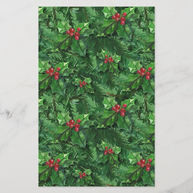 Watercolor Christmas Holly Berries Stationery (Front)