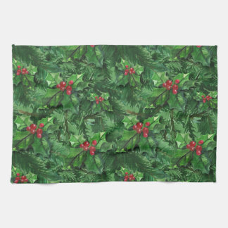 Watercolor Christmas Holly Berries Tea Towel