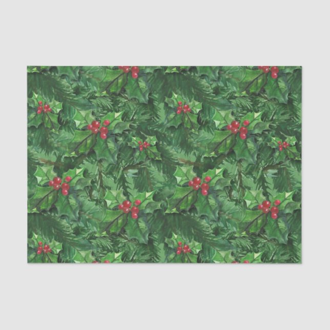Watercolor Christmas Holly Berries Tissue Paper (Front)
