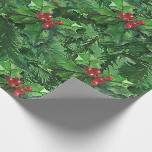 Watercolor Christmas Holly Berries Wrapping Paper (Corner)