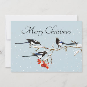 Watercolor Christmas Holly Magpie Bird Nature Art Card