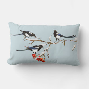 Watercolor Christmas Holly Magpie Bird Nature Art  Lumbar Cushion
