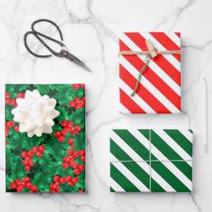 Watercolor Christmas Holly Wrapping Paper Set of 3