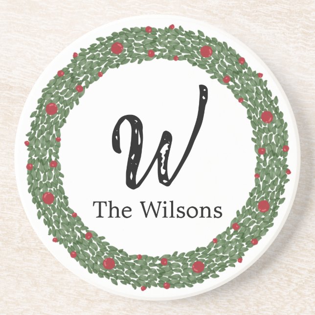 Watercolor Christmas Holly Wreath Monogram Coaster (Front)