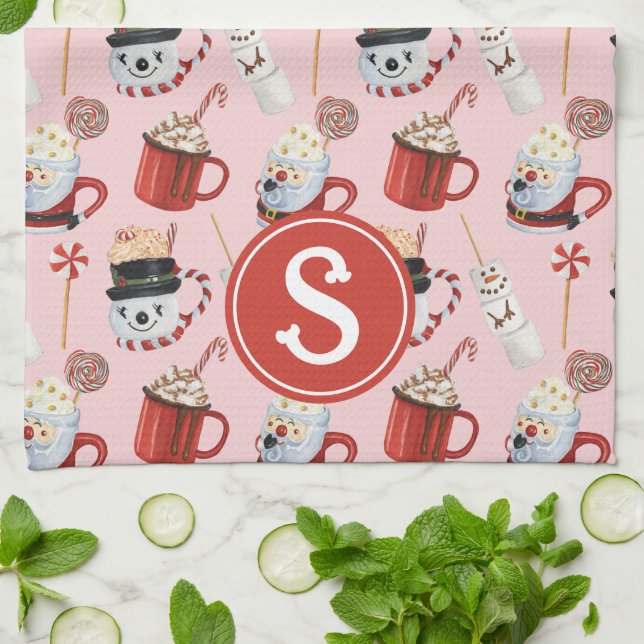 Watercolor Christmas Hot Chocolate Cocoa Monogram Tea Towel (Folded)