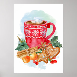 Watercolor Christmas Hot Chocolate Marshmallow Poster