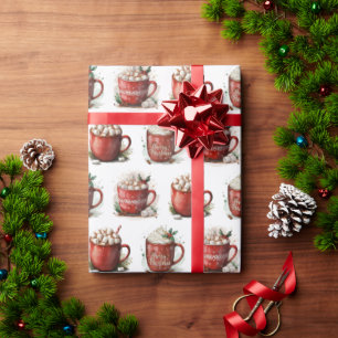 Watercolor Christmas Hot Cocoa In Red Mugs Wrapping Paper