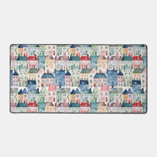 Watercolor Christmas Houses seamless pattern. Desk Mat