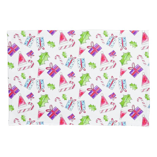 Watercolor Christmas Illustration Gift Box Holly Pillowcase (Front)