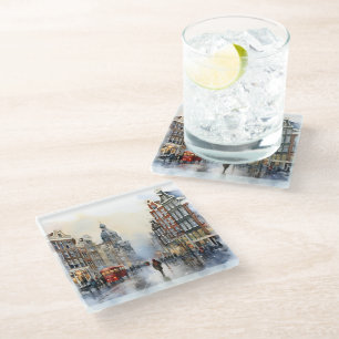 WATERCOLOR CHRISTMAS IN AMSTERDAM SNOWY SCENE GLASS COASTER