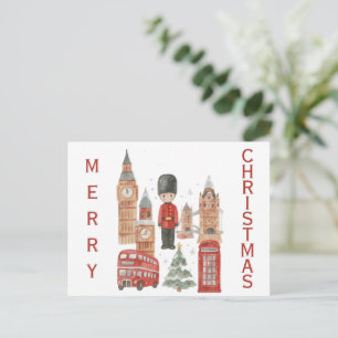 Watercolor Christmas in London Red Bus, Big Ben Postcard