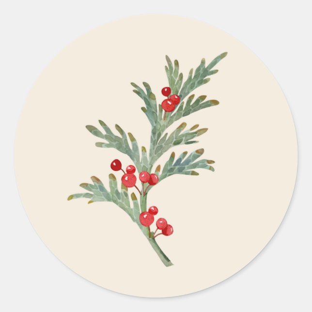 Watercolor Christmas Juniper Branch with Berries Classic Round Sticker (Front)
