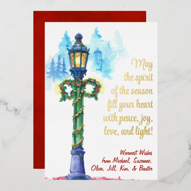 Watercolor Christmas Lamp Post Festive Beautiful Foil Holiday Card (Front/Back)