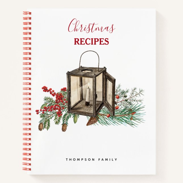 Watercolor Christmas Lantern Pine Berries Recipe Notebook (Front)