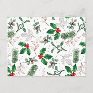 Watercolor Christmas Leaves and Berries White Postcard