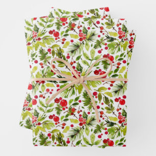 Watercolor Christmas Leaves and Berries Wrapping Paper Sheet