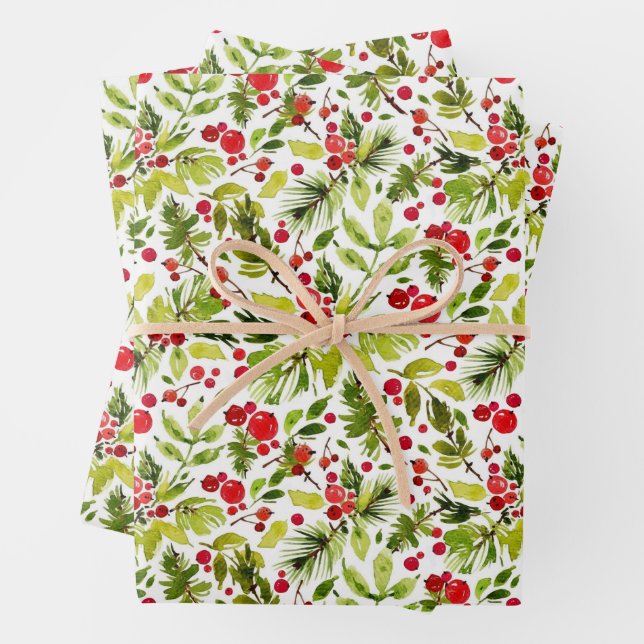 Watercolor Christmas Leaves and Berries Wrapping Paper Sheet (In situ)