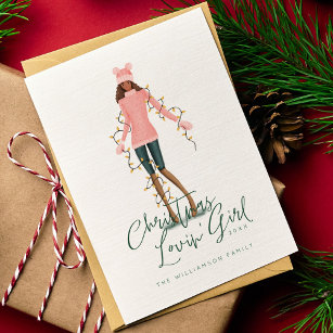 Watercolor Christmas Lovin' Girl Wrapped In Lights Holiday Card