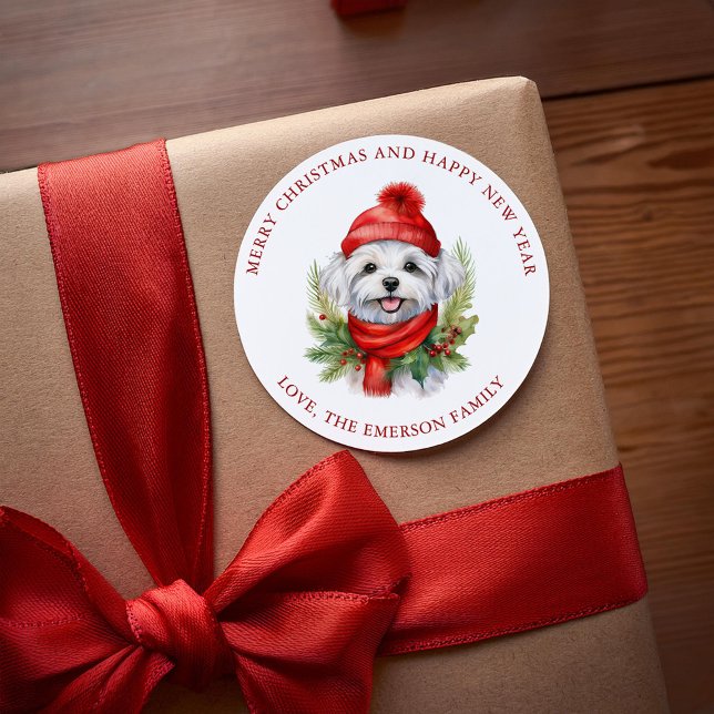 Watercolor Christmas Maltese Dog Classic Round Sticker (Creator Uploaded)