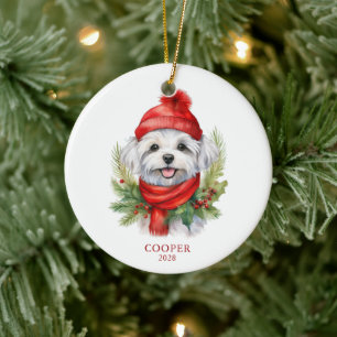 Watercolor Christmas Maltese Dog Photo Ceramic Ornament