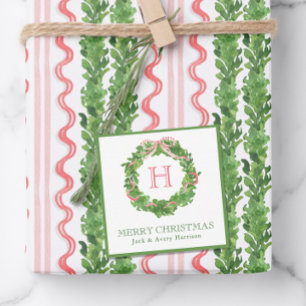 Watercolor Christmas Monogram Striped Bow Wreath Card
