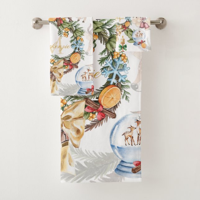 Watercolor Christmas Monogrammed Bath Towel Set (Insitu)