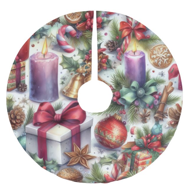 Watercolor Christmas Motif Holiday Brushed Polyester Tree Skirt (Front)