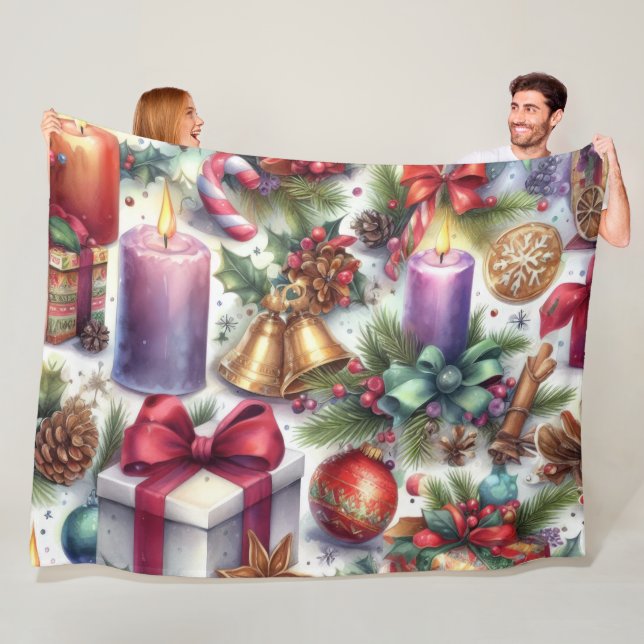 Watercolor Christmas Motif Holiday Fleece Blanket (In Situ)