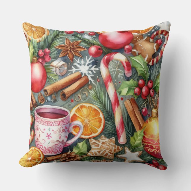 Watercolor Christmas Motifs Holiday Cushion (Front)