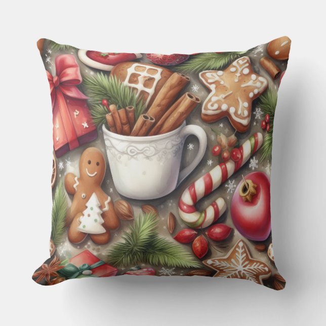 Watercolor Christmas Motifs Holiday Cushion (Front)