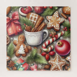 Watercolor Christmas Motifs Holiday Jigsaw Puzzle