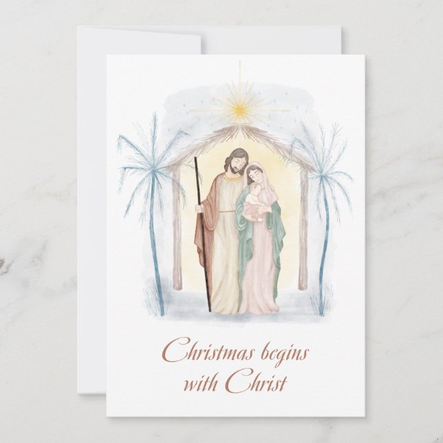 Watercolor Christmas Nativity Religious Brown Blue Holiday Card (Front)