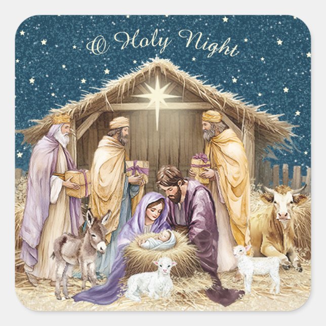 Watercolor Christmas Nativity  Square Sticker (Front)