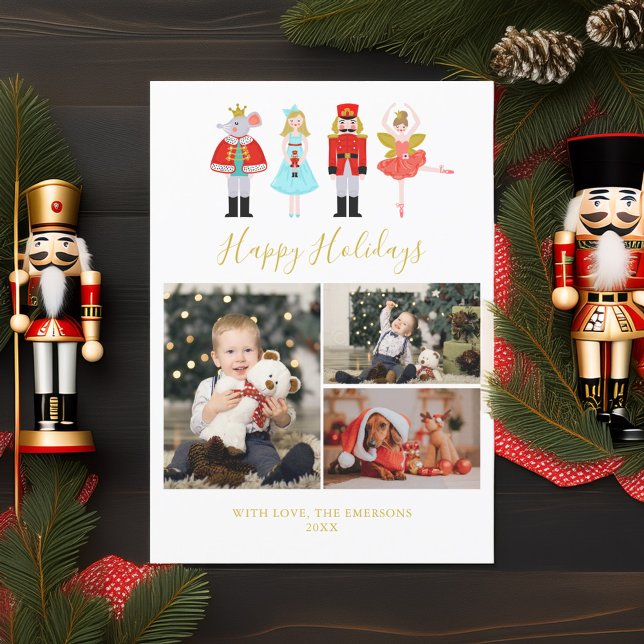Watercolor Christmas Nutcracker 3 Photo Collage Holiday Card (Creator Uploaded)