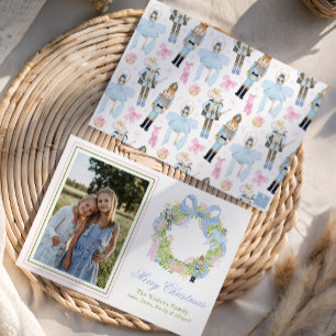 Watercolor Christmas Nutcracker Wreath Photo Holiday Card