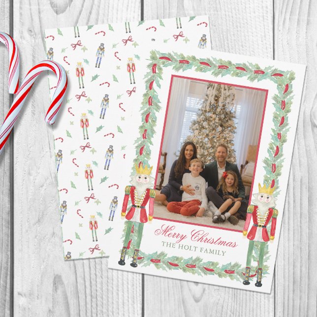 Watercolor Christmas Nutcrackers & Garland Photo Holiday Card (Creator Uploaded)
