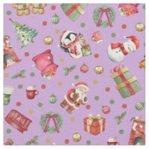 Watercolor Christmas on Light Purple Fabric