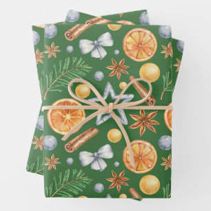 Watercolor Christmas Orange Spice, Evergreen Wrapping Paper Sheet