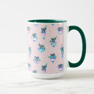 Watercolor Christmas Ornaments and Snow on Pink Mug