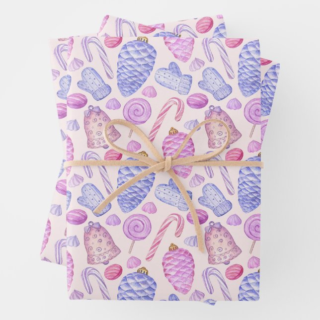 Watercolor Christmas Ornaments, Candy Cane  Wrapping Paper Sheet (In situ)