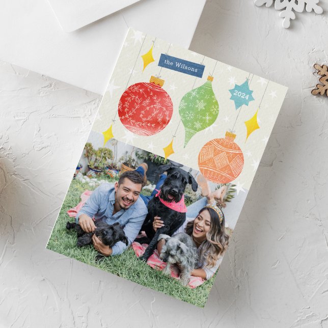 Watercolor Christmas Ornaments Holiday Photo Postcard (colorful watercolor painted Christmas ornaments with hand-drawn details one-photo holiday card)