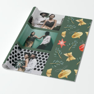 Watercolor Christmas Ornaments Photo Collage Green Wrapping Paper