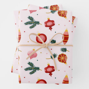 Watercolor Christmas Ornaments Pink Wrapping Paper Sheet