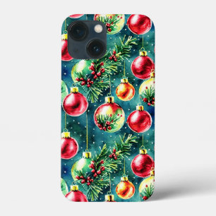 Watercolor Christmas Ornaments, Red and Teal Green iPhone 13 Mini Case