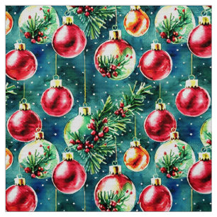 Watercolor Christmas Ornaments, Red and Teal Green Fabric