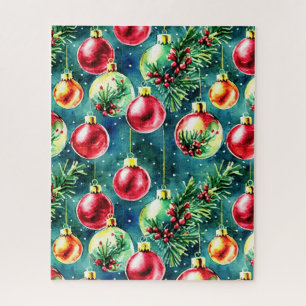 Watercolor Christmas Ornaments, Red and Teal Green Jigsaw Puzzle
