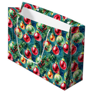 Watercolor Christmas Ornaments, Red and Teal Green Large Gift Bag