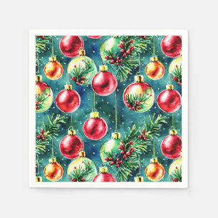 Watercolor Christmas Ornaments, Red and Teal Green Napkin