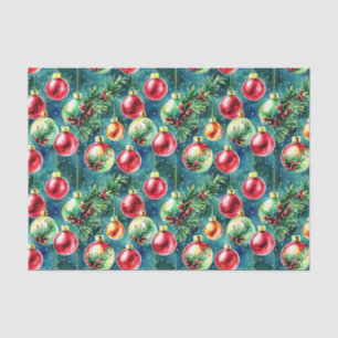 Watercolor Christmas Ornaments, Red and Teal Green Tissue Paper